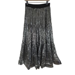 Beulah Metallic Silver Sequin Tiered Midi Skirt Elastic Waist M